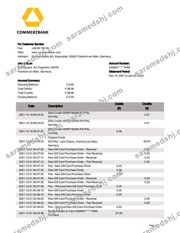 Germany Commerzbank bank statement template, Word and PDF format